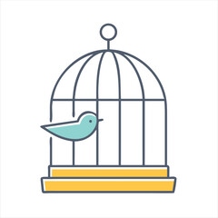 Illustration of a colorful bird inside a classic birdcage design