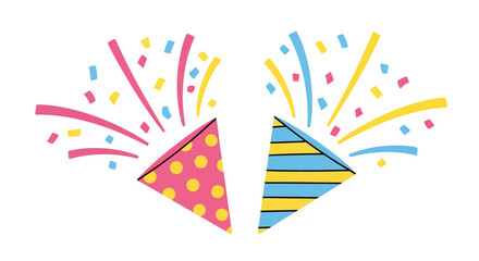 Two Colorful Party Poppers Exploding with Confetti: Pink polka dot and blue striped cones