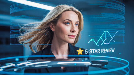 Confident woman in a futuristic setting with digital data overlays. Her blonde hair flows as she gazes ahead, embodying innovation. A "5-star review" rating graphic enhances the tech theme.