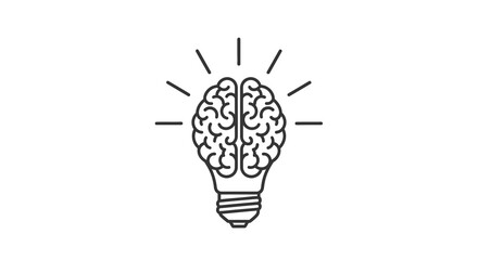 Brain-shaped lightbulb icon with radiating lines, black outline on white background