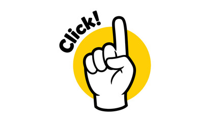 Cartoon Hand Pointing Up with "Click!" Text on Yellow Circle