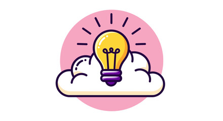 Cartoon Light Bulb on Cloud with Pink Circle Background Illustration