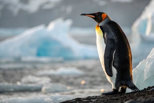 Majestic King Penguin Standing Proud Amidst Antarctic Icebergs