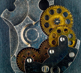 Close-up of the mechanism of an old wristwatch, symbolizing time and its transience, dirty metal...