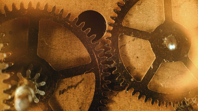 Close-up of the mechanism of an old wristwatch, symbolizing time and its transience, dirty metal and dust