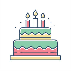 Colorful two tier birthday cake with lit candles on top vector
