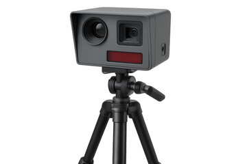 Speed camera capturing speeding vehicles on tripod with transparent background