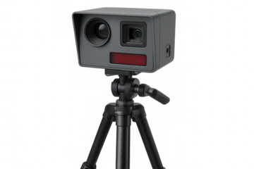 Speed camera capturing speeding vehicles on tripod with transparent background