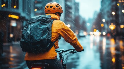 A cyclist wearing a bright yellow rain jacket rides through a rainy urban street, showcasing the contrast of vibrant colors against a moody, wet background.