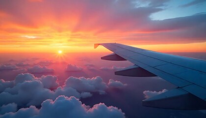 Obraz premium Sunset Wing ViewFlight at DuskPink Sky FlightGolden Hour CloudsSpring Sunset FlightWing in Sunset GlowAerial Evening LightCumulus & Color SkyPeaceful Sunset Flight