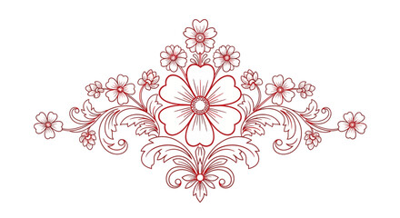 Elegant Red Line Drawing of a Symmetrical Floral Arrangement with Ornate Swirls and Detailed Flowers