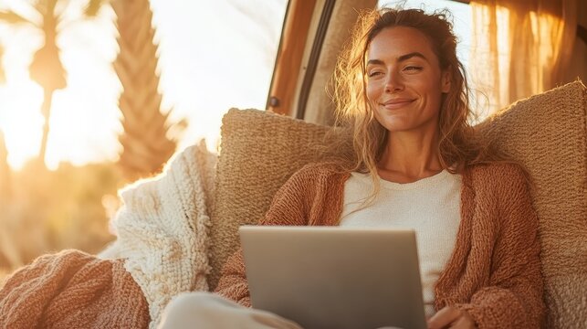 A relaxed woman sits in a cozy setting with sunlight streaming in, using her laptop and surrounded by soft textures, embodying a sense of comfort, peace, and leisure.