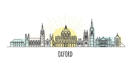 Fototapeta premium Oxford Skyline Illustration with Architectural Landmarks and Sunburst Design