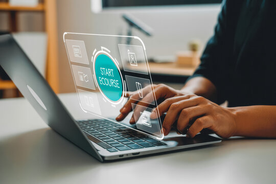 Hands typing on a laptop, interacting with a digital interface displaying "Start E-Course." The image symbolizes online learning, technology, and the ease of accessing educational resources digitally.