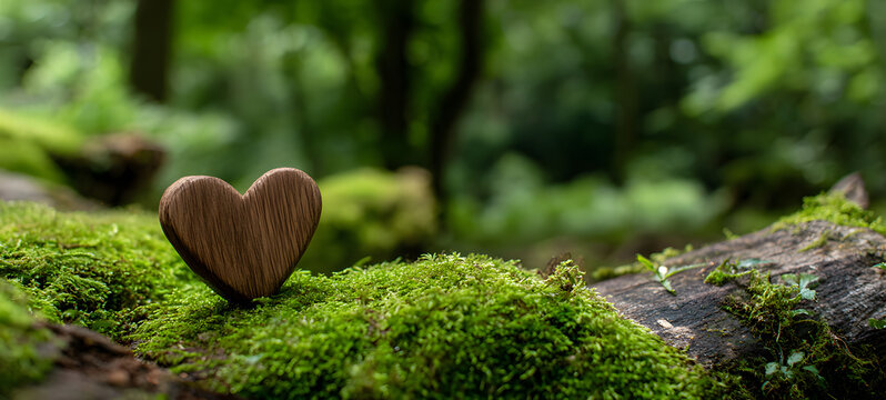 Forest cemetery funeral backdrop with close up of wooden heart on moss. Natural burial site in woodland for tree burial