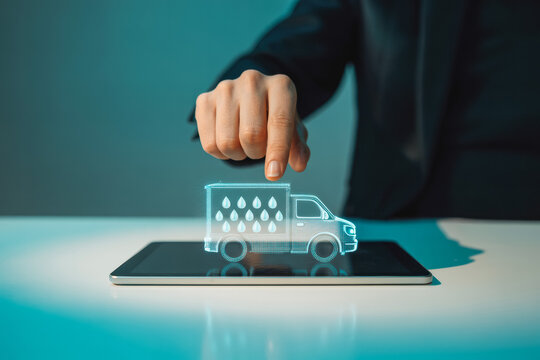 A mans hand interacts with a digital tablet, projecting a holographic delivery truck with water drop symbols. This image highlights innovative delivery technology and logistics solutions.