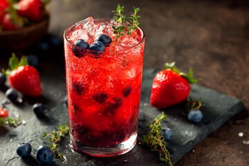 A glass filled with a vibrant berry drink showcases ice and ripe blueberries. Fresh strawberries...