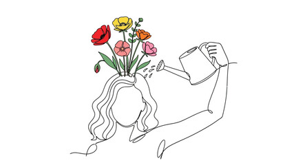 Woman's Head with Flowers and Watering Can, Line Art, Mental Wellness
