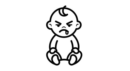 Cartoon Angry Baby with Drool, Black Outline on White Background