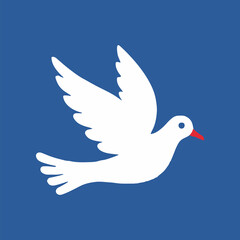 White Dove Flying on Blue Background Peace Symbol Vector Illustration with Red Beak and Open Wings