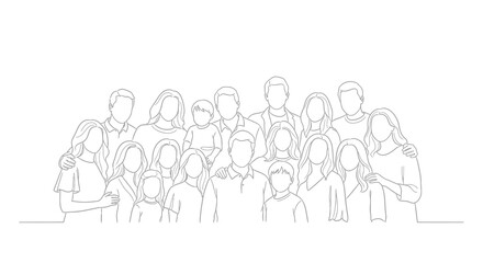 Minimalist Line Art of Large Family Portrait with Parents, Children, and Grandchildren