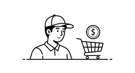 Minimalist Illustration of Man with Shopping Cart and Dollar Coin in Black and White