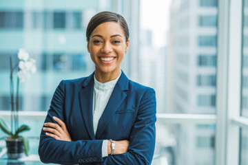 Confident professional woman in a tailored navy blazer, smiling and standing with arms crossed in a modern office with a cityscape backdrop, exuding success and empowerment in business.