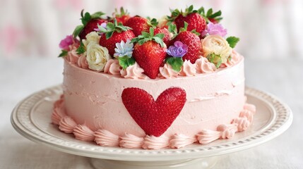 Strawberry cake with heart-shaped berry topping, perfect for romantic or celebration themes