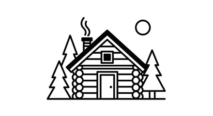 Minimalist Log Cabin Illustration with Trees, Chimney Smoke, and Moon