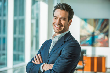 Fototapeta premium Professional man in a dark suit smiles confidently in a bright office setting. Sunlight streams through windows, highlighting modern decor with abstract art in the background.