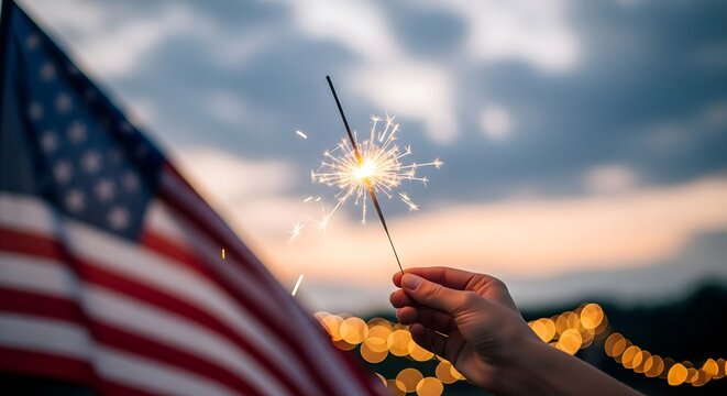 A hand holding a sparkling firework at dusk, with an American flag visible and bokeh lights in the background, perfect for patriotic celebrations