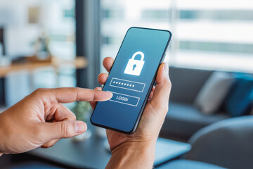 A person uses a smartphone displaying a secure login screen with a padlock icon. The finger is poised to press the "LOGIN" button, symbolizing digital security and user authentication.