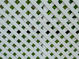 Close-up view of a white lattice fence showcasing its geometric design while allowing light to...