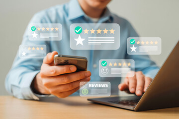 A person holds a smartphone and types on a laptop, surrounded by digital review icons, illustrating online feedback and customer satisfaction. Perfect for marketing and digital engagement themes.