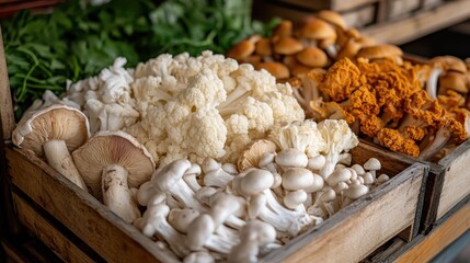 Fototapeta premium A vibrant display of fresh organic mushrooms in assorted varieties at a local market, showcasing nature's bounty and the appeal of farm-to-table dining experiences.