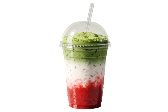 iced strawberry matcha latte with milk in a takeaway cup
