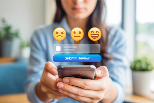 Woman using smartphone to submit a review with emojis, showcasing digital feedback. Perfect for articles on mobile user experiences, online reviews, and customer satisfaction insights. - Powered by Adobe