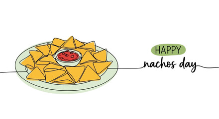 Single-Line Drawing of Nachos with Salsa on a Plate ? Happy Nachos Day