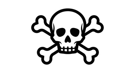Skull and Crossbones Icon: Black Outline, White Fill, Simple Design