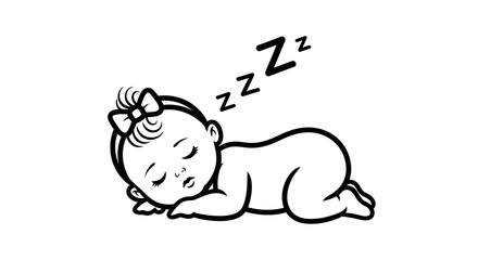 Sleeping Baby Girl Illustration: Black Outline, Bow, Zzz's