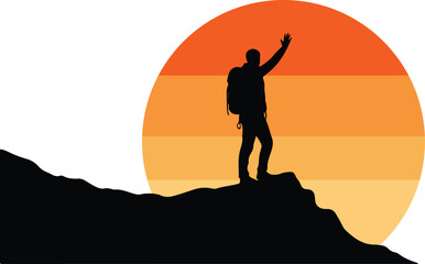 Man's silhouette on a mountaintop at sunset, celebrating victory and freedom in nature's vast landscape
