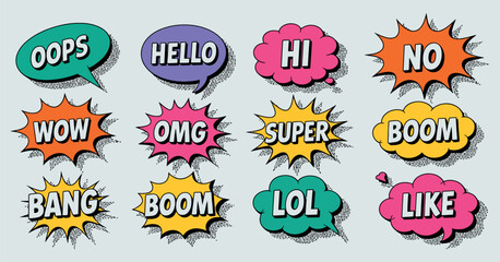 Collection of Colorful Comic Book Speech Bubbles with Various Phrases