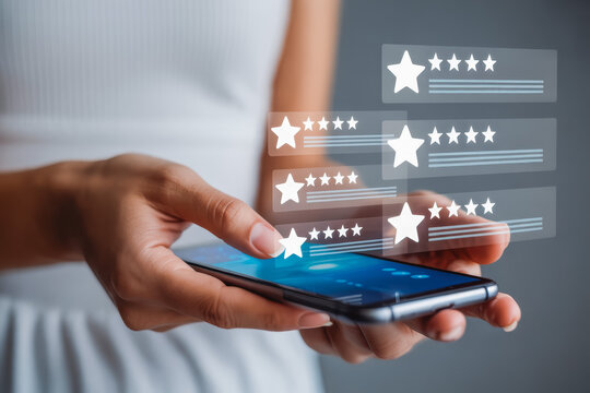 A person interacts with a smartphone, displaying digital star ratings, symbolizing online reviews or feedback. The focus is on technology and user experience, highlighting digital evaluation.