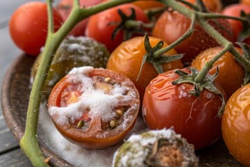 Decay and deterioration of cherry tomatoes a close-up exploration of cracked and rotten fruit in the kitchen environment