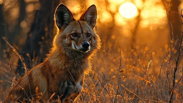 indian wolf close-up at deccan plateau sunset video