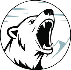 Naklejka premium Close-up roaring bear head inside circular frame with mountain background. Perfect for bold wildlife branding, adventure product logos, and predator-themed graphics.