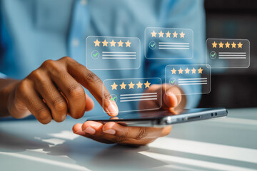 A person interacts with a smartphone, featuring floating five-star reviews and checkmarks. This image symbolizes digital customer feedback, online ratings, and mobile technology engagement.