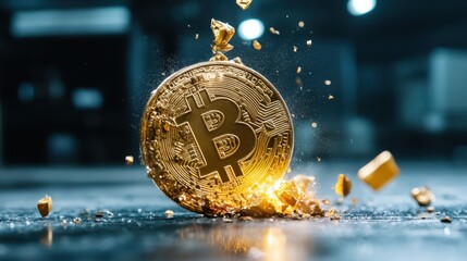 An eye-catching image of a golden Bitcoin coin shattering, symbolizing breaking barriers and the explosive nature of cryptocurrency and its impact on finance in the modern world.