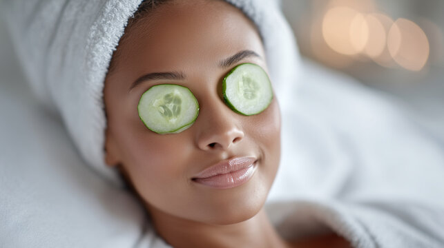 Calm expression, cucumber eye mask in focus, warm ambient spa lighting