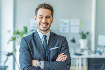 Confident professional in a sharp suit smiles warmly in a modern office, embodying success and leadership. Bright, organized workspace enhances the aura of productivity and focus.